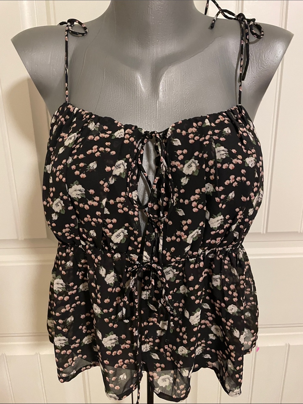 Lulu's Black Floral Tie-Front Camisole with Pink and Cream Accents